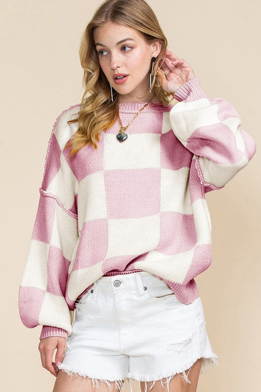 Women's Checkered Bishop Sleeve Sweater