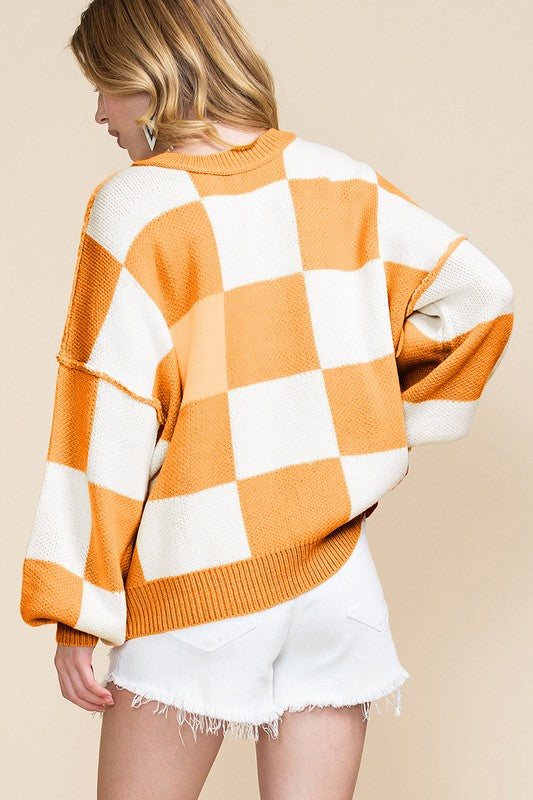 Women's Checkered Bishop Sleeve Sweater