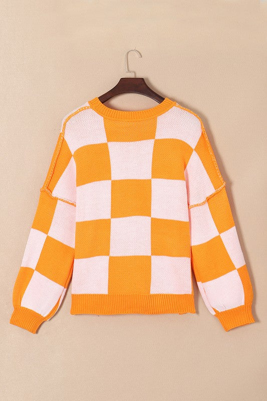 Women's Checkered Bishop Sleeve Sweater