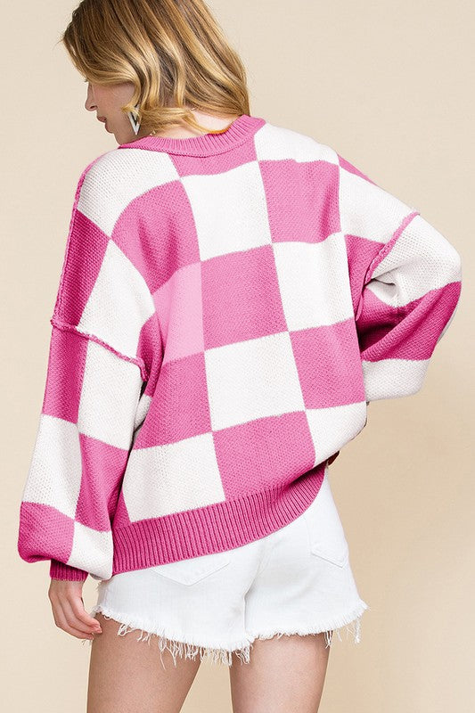 Women's Checkered Bishop Sleeve Sweater