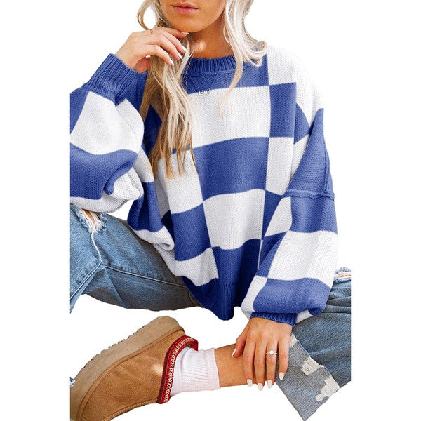 Women's Checkered Bishop Sleeve Sweater