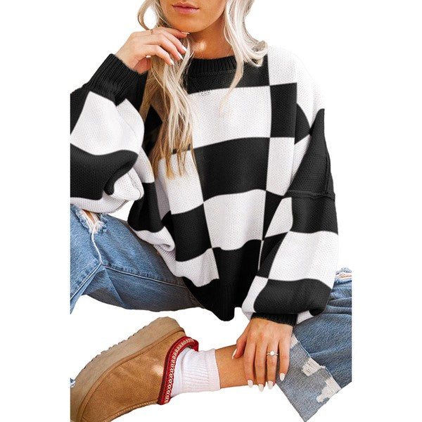 Women's Checkered Bishop Sleeve Sweater