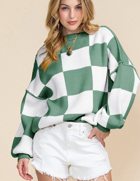 Women's Checkered Bishop Sleeve Sweater