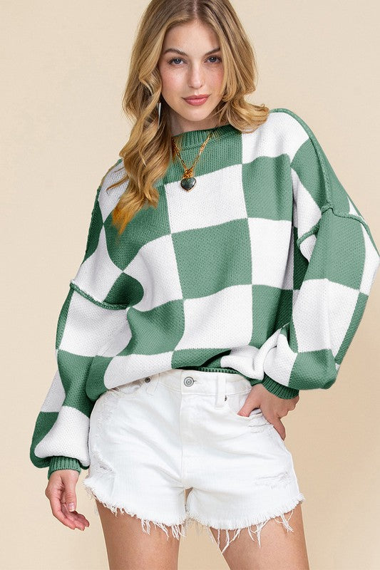 Women's Checkered Bishop Sleeve Sweater