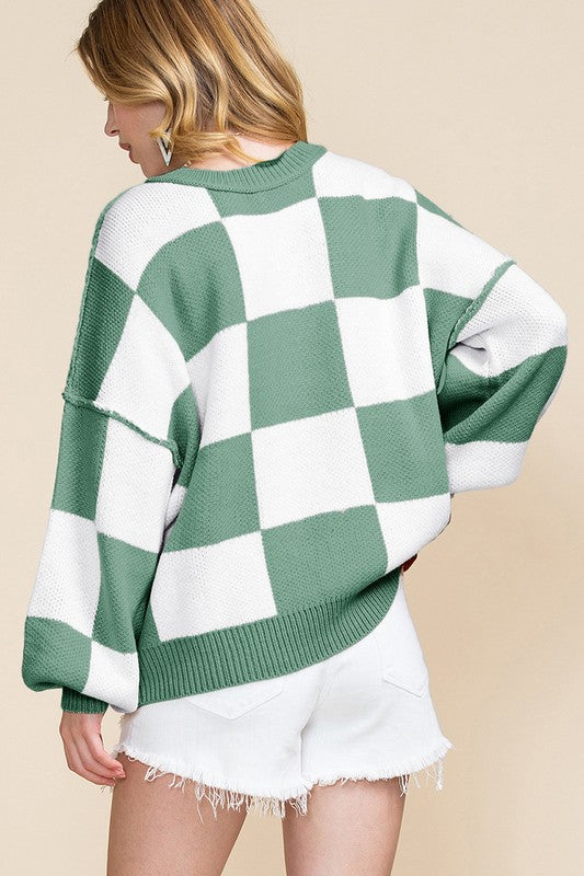 Women's Checkered Bishop Sleeve Sweater