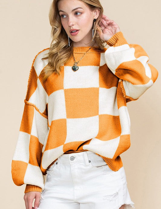 Women's Checkered Bishop Sleeve Sweater