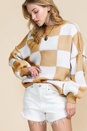 Women's Checkered Bishop Sleeve Sweater