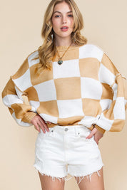 Women's Checkered Bishop Sleeve Sweater