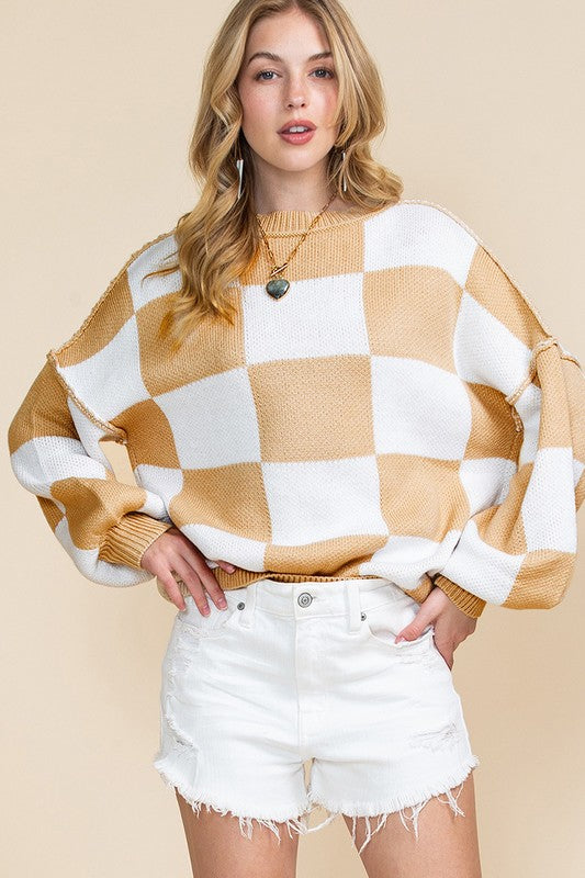 Women's Checkered Bishop Sleeve Sweater