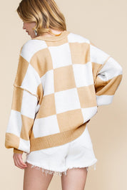 Women's Checkered Bishop Sleeve Sweater