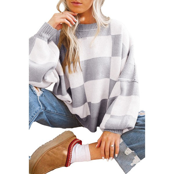 Women's Checkered Bishop Sleeve Sweater