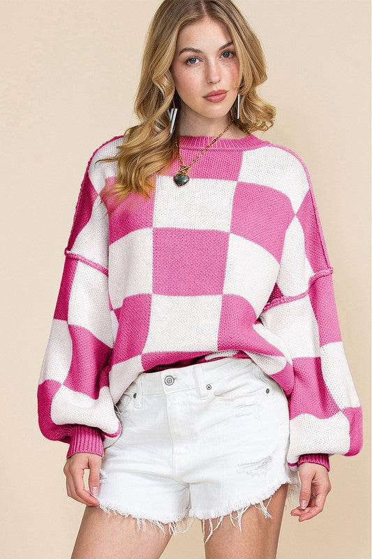 Women's Checkered Bishop Sleeve Sweater