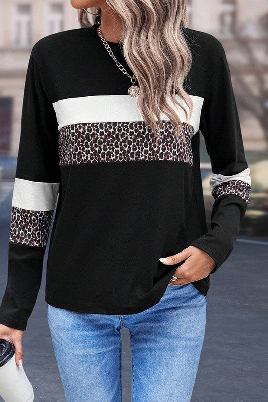 Women's Colorblock Leopard Print Long Sleeve Tee