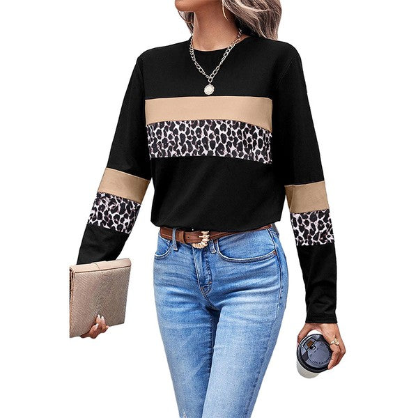 Women's Colorblock Leopard Print Long Sleeve Tee