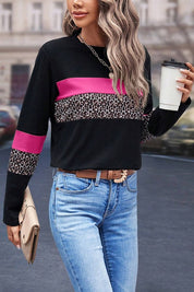 Women's Colorblock Leopard Print Long Sleeve Tee