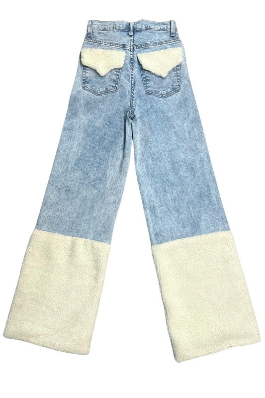 Women's High Rise Wide Leg Jeans with Sherpa Details