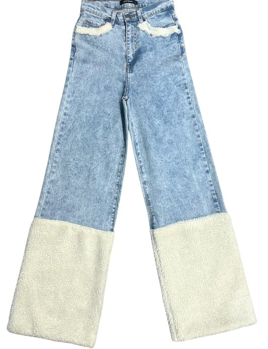 Women's High Rise Wide Leg Jeans with Sherpa Details