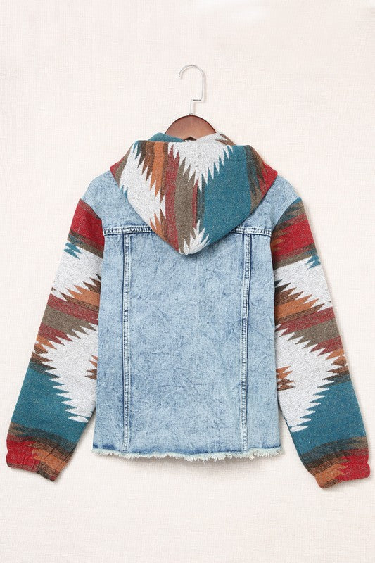 Women's Geometric Print Hooded Denim Jacket