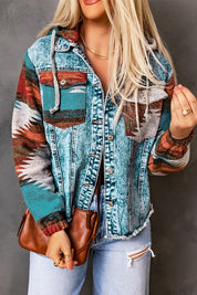 Women's Geometric Print Hooded Denim Jacket