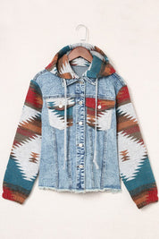 Women's Geometric Print Hooded Denim Jacket