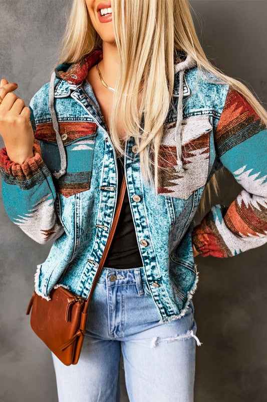 Women's Geometric Print Hooded Denim Jacket