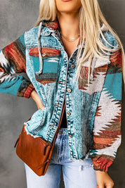 Women's Geometric Print Hooded Denim Jacket