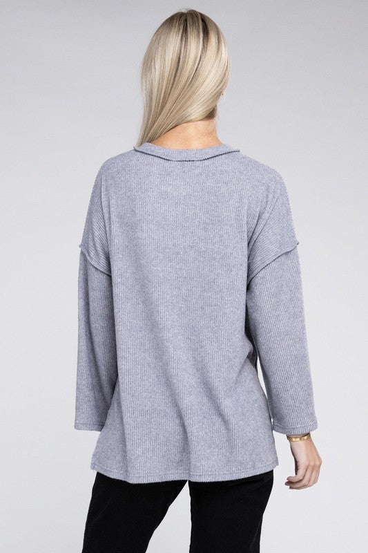 Women's Casual Ribbed Henley Sweater with Bell Sleeves