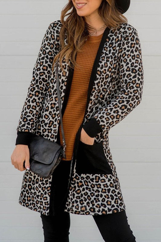 Women's Open Front Leopard Print Cardigan with Pockets