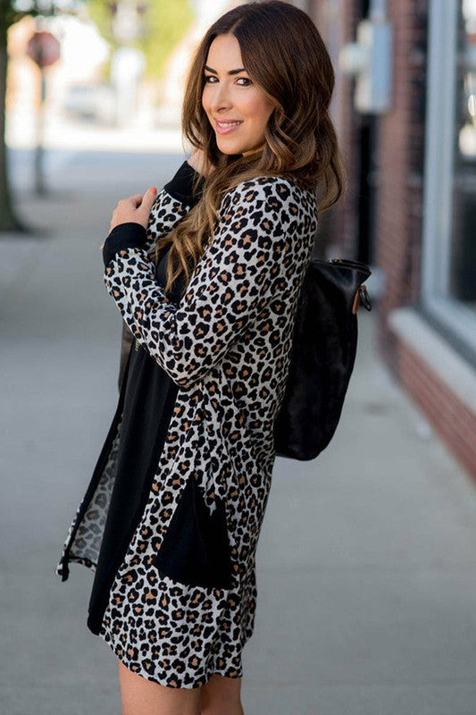 Women's Open Front Leopard Print Cardigan with Pockets