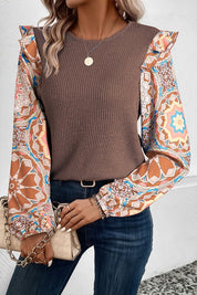 Women's Floral Sleeve Patchwork Waffle Knit Blouse