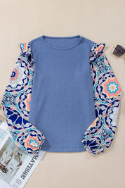 Women's Floral Sleeve Patchwork Waffle Knit Blouse