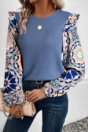 Women's Floral Sleeve Patchwork Waffle Knit Blouse