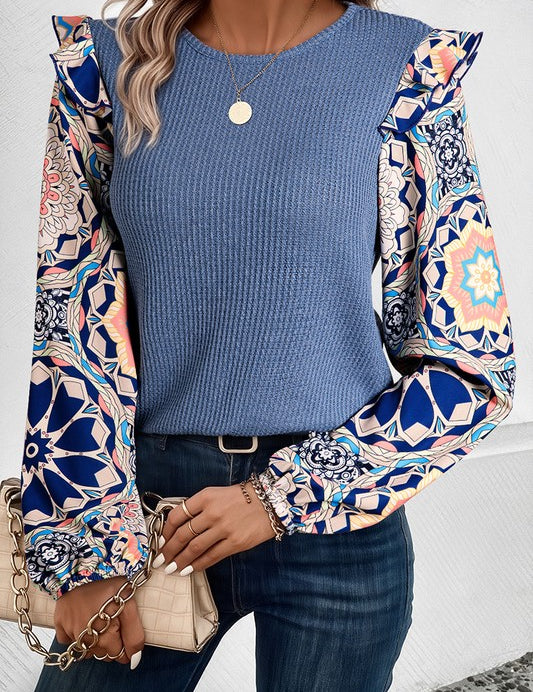 Women's Floral Sleeve Patchwork Waffle Knit Blouse