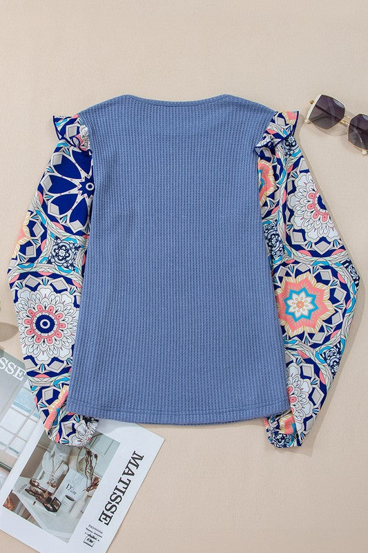 Women's Floral Sleeve Patchwork Waffle Knit Blouse