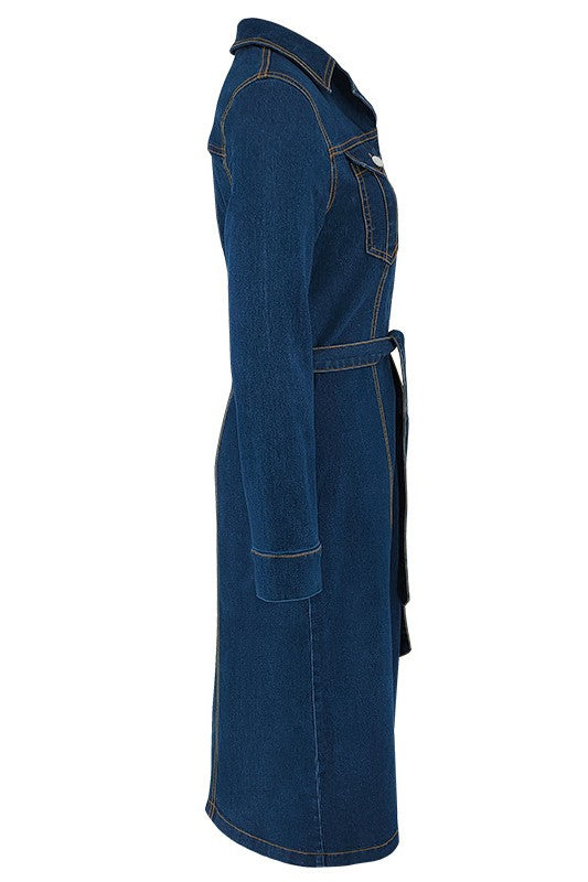Women's Long Sleeve Denim Maxi Dress with Pockets