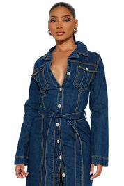 Women's Long Sleeve Denim Maxi Dress with Pockets