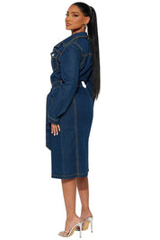Women's Long Sleeve Denim Maxi Dress with Pockets
