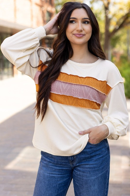 Women's Textured Knit Patchwork Drop Sleeve Sweatshirt