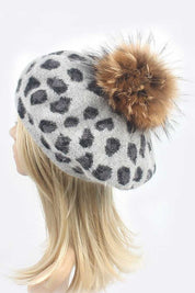 Women's Wool Blend Leopard Print Raccoon Fur Pom Beret