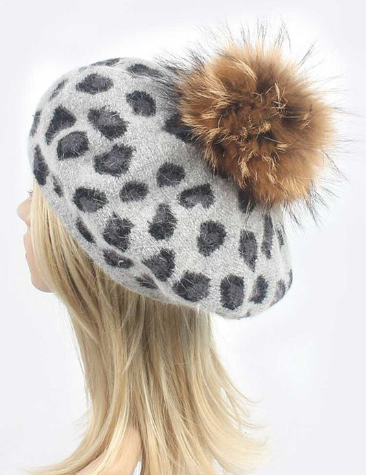 Women's Wool Blend Leopard Print Raccoon Fur Pom Beret