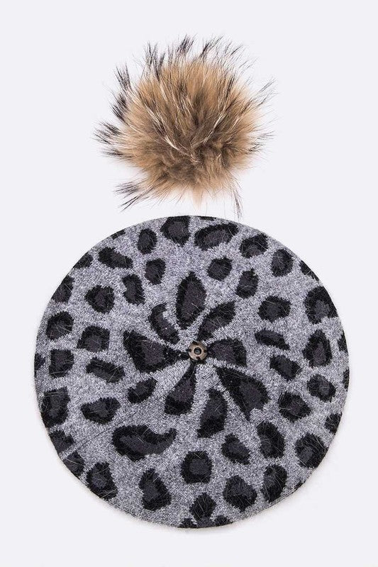 Women's Wool Blend Leopard Print Raccoon Fur Pom Beret