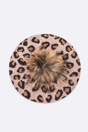 Women's Wool Blend Leopard Print Raccoon Fur Pom Beret