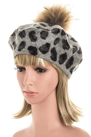 Women's Wool Blend Leopard Print Raccoon Fur Pom Beret