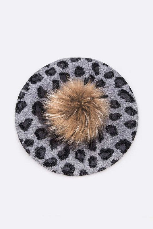 Women's Wool Blend Leopard Print Raccoon Fur Pom Beret