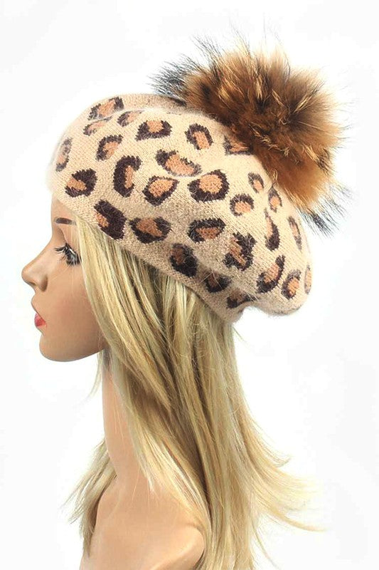 Women's Wool Blend Leopard Print Raccoon Fur Pom Beret