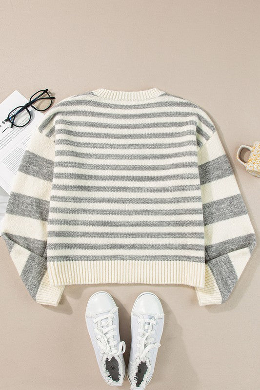 Women's Loose Fit Gray Stripe Drop Shoulder Sweater