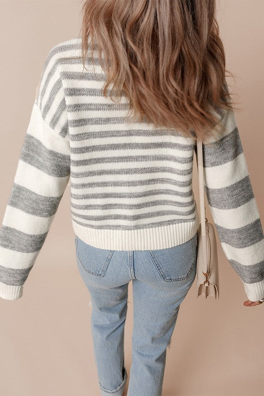 Women's Loose Fit Gray Stripe Drop Shoulder Sweater