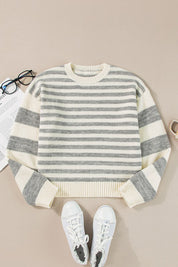 Women's Loose Fit Gray Stripe Drop Shoulder Sweater