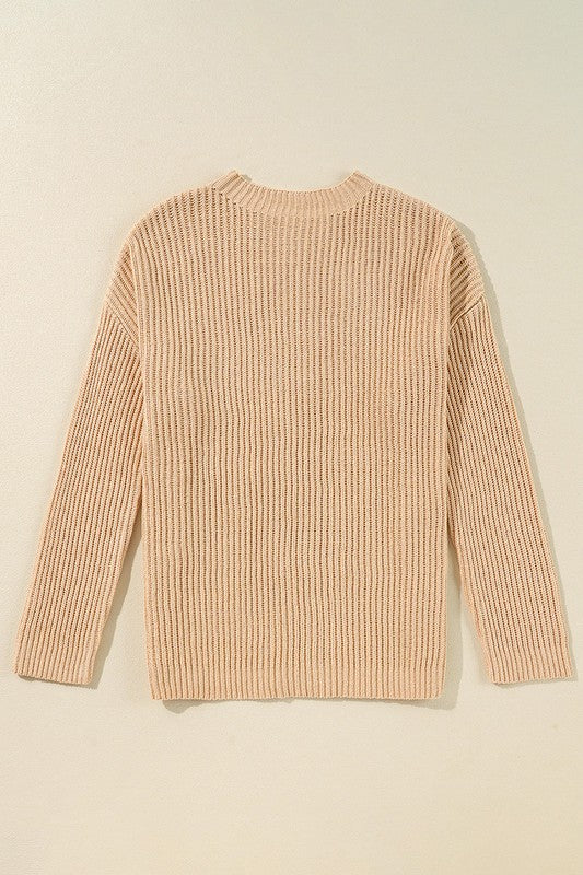 Women's Loose Fit Knit Sweater with Drop Shoulders and Side Slits