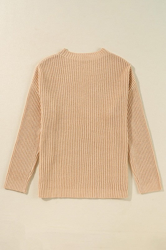 Women's Loose Fit Knit Sweater with Drop Shoulders and Side Slits